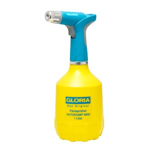 Gloria Feinsprüher AutoPump Mini, 1 Liter, gelb/blau. Drucksprüher mit Akku für Pflanzenpflege.
