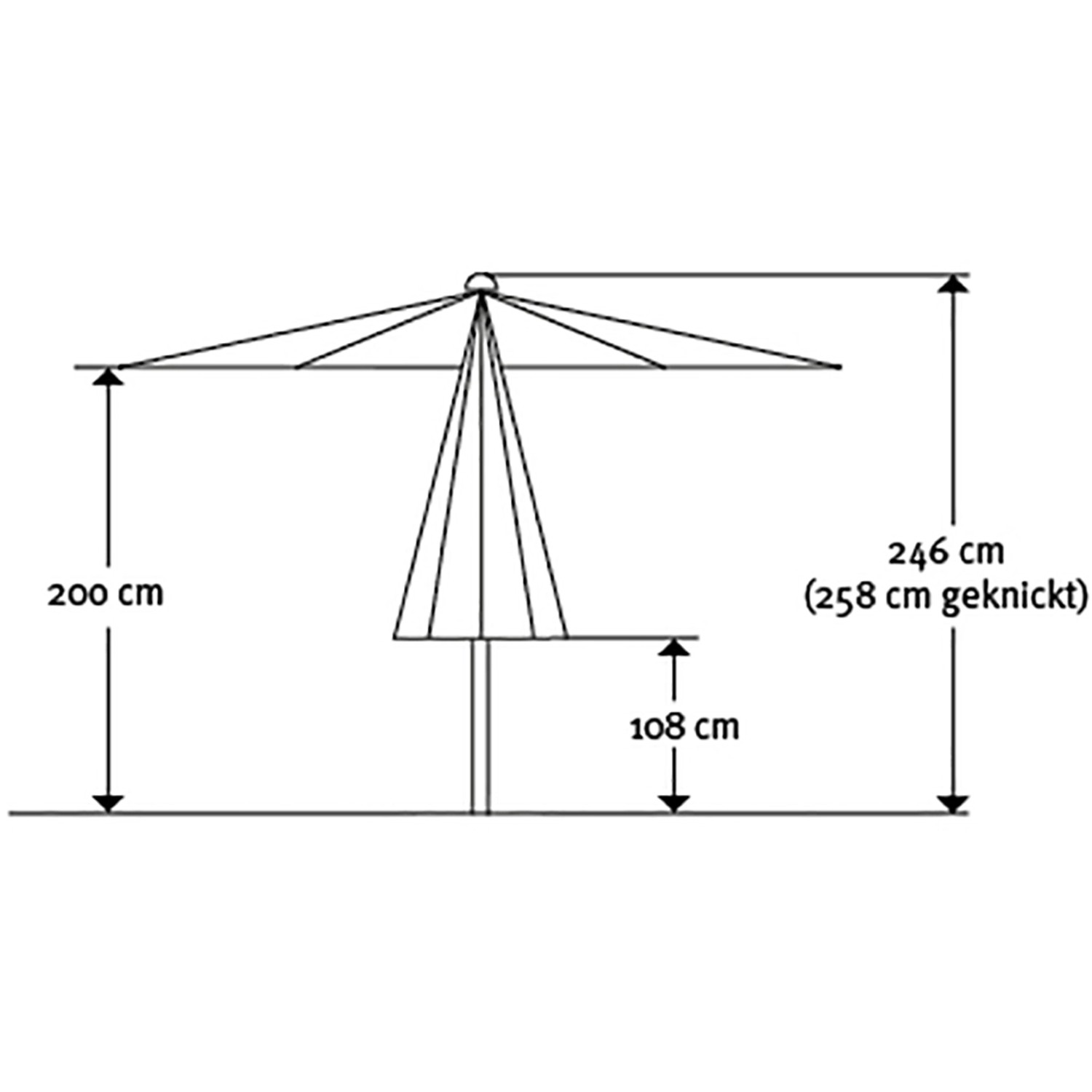 Skizze des roten Schneider Marktschirms mit Knickfunktion und Maßangaben.
