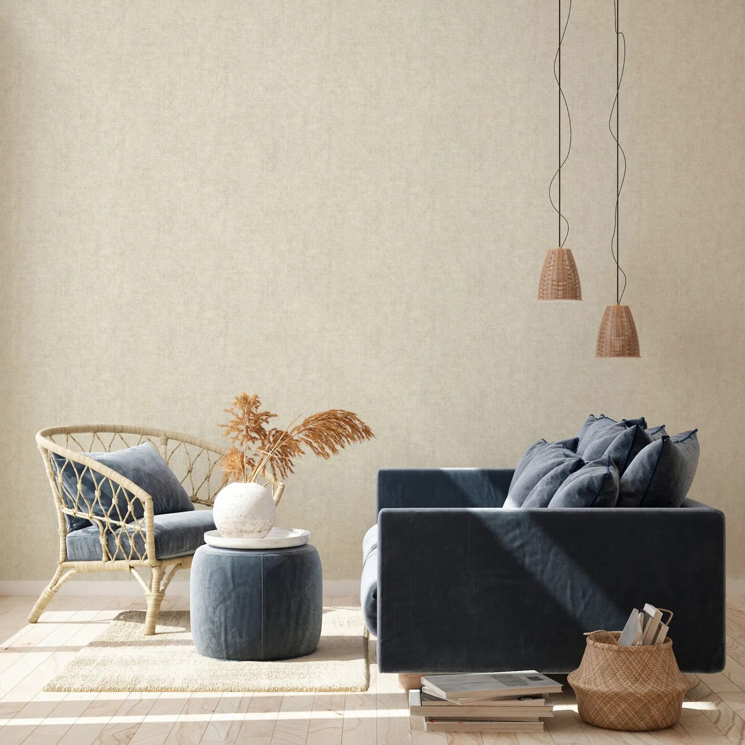 Wohnraum mit Bricoflor Leinen Tapete in Creme Beige. Uni Vliestapete im natürlichen Look.