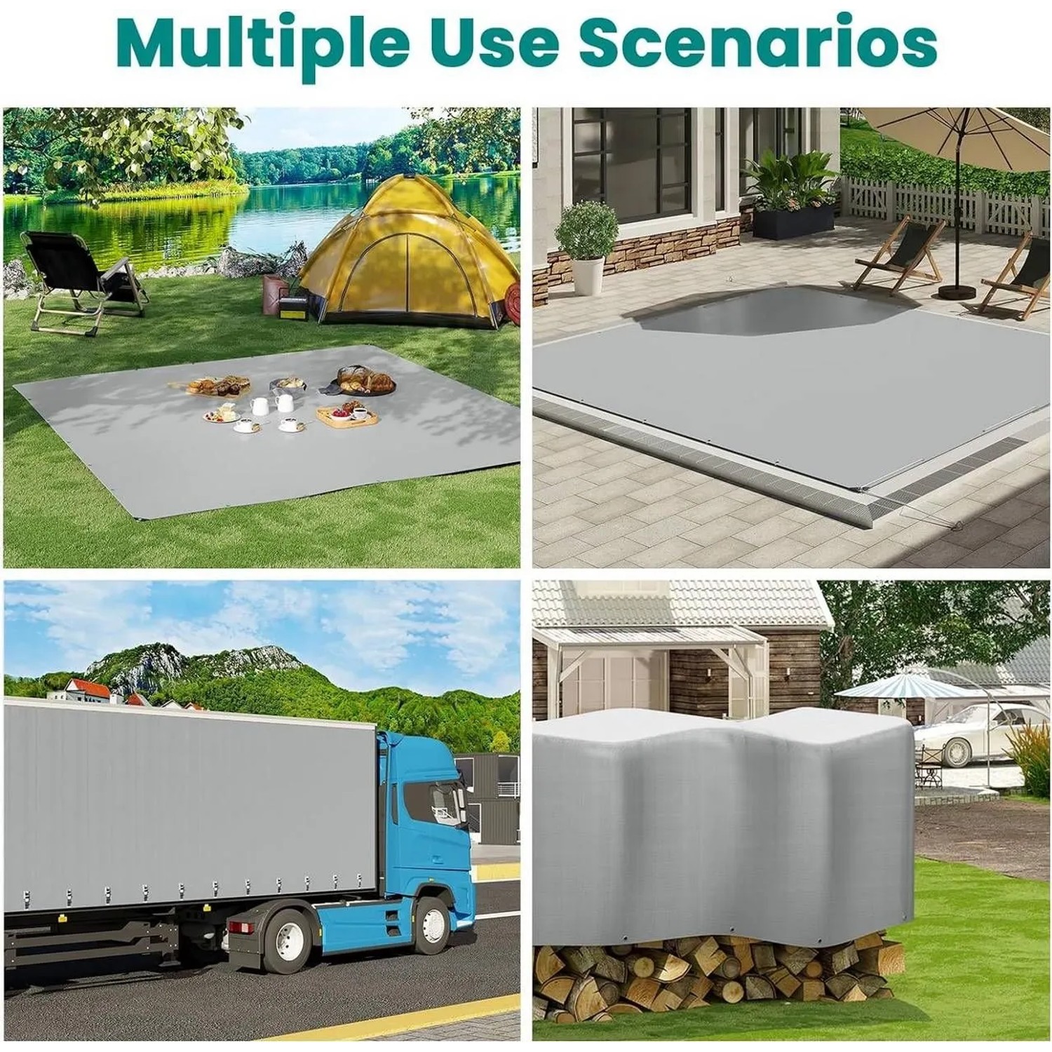 Graue WOLTU Abdeckplane (PE) in vielseitigen Anwendungen: Poolabdeckung, LKW-Plane, Holzschutz, Picknickdecke. Robust & wasserdicht.