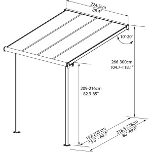 Technische Zeichnung: Palram Terrassendach Sierra, 230x230 cm, grau, mit Maßangaben.