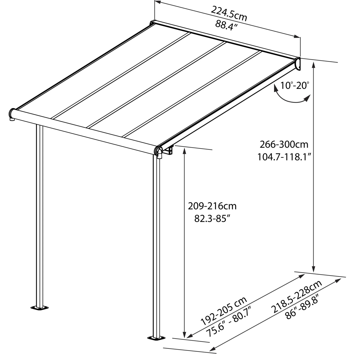 Technische Zeichnung: Palram Terrassendach Sierra, 230x230 cm, grau, mit Maßangaben.