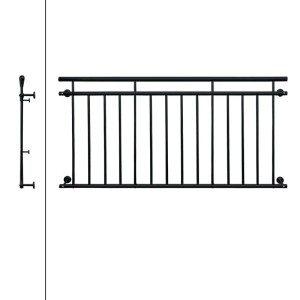 Schwarzer französischer Balkon aus pulverbeschichtetem Stahl, 184x90 cm, mit 14 vertikalen Füllstäben für Tür- und Fenstersicherung.