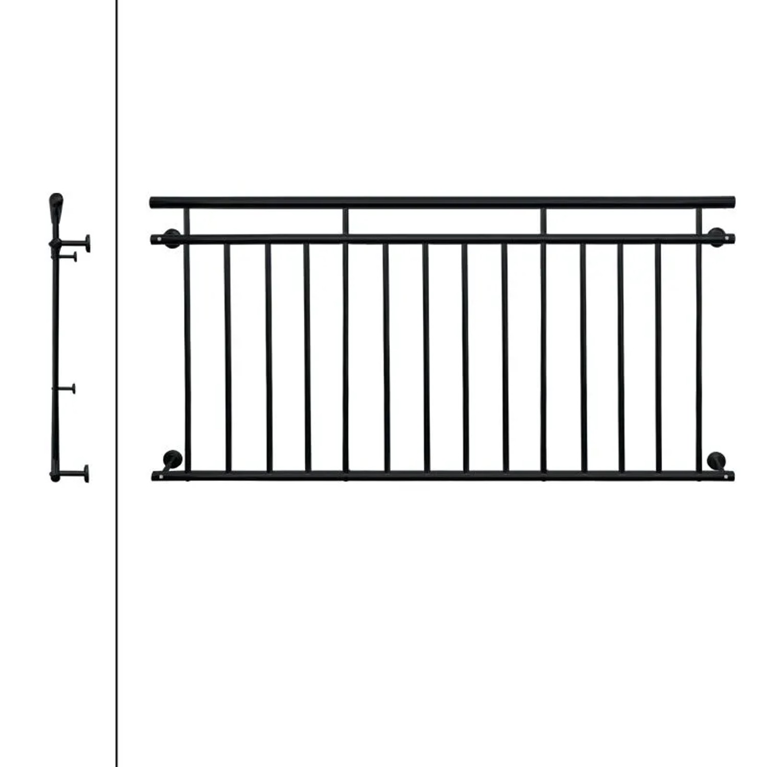 Schwarzer französischer Balkon aus pulverbeschichtetem Stahl, 184x90 cm, mit 14 vertikalen Füllstäben für Tür- und Fenstersicherung.