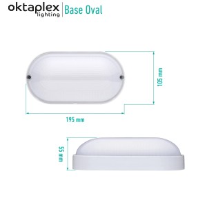 Oktaplex LED Kellerlampe Base, 9W, IP65, neutralweiß, ovale Feuchtraumleuchte in Weiß, mit Maßangaben.