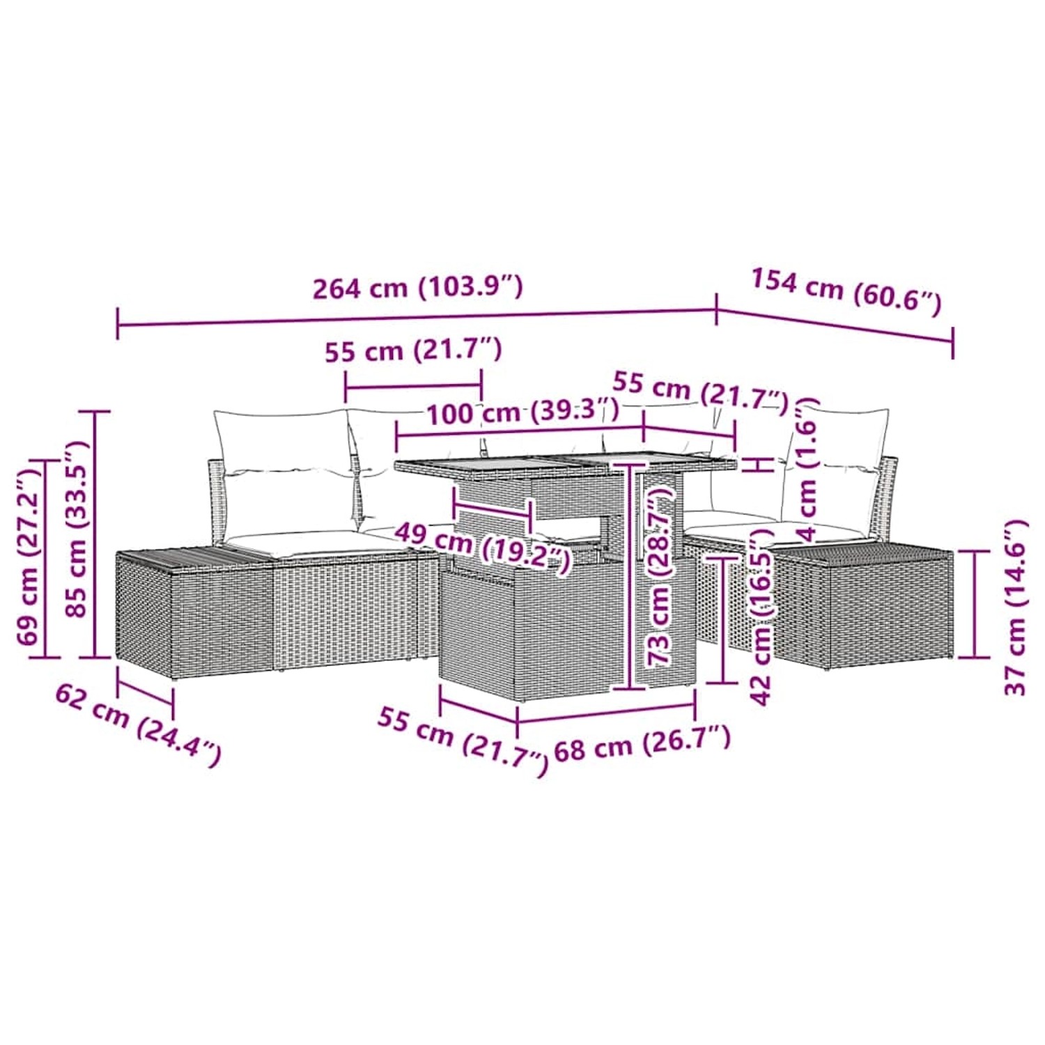Graues 6-tlg. vidaXL Garten-Sofa-Set mit Tisch und Stauraum aus Poly Rattan.