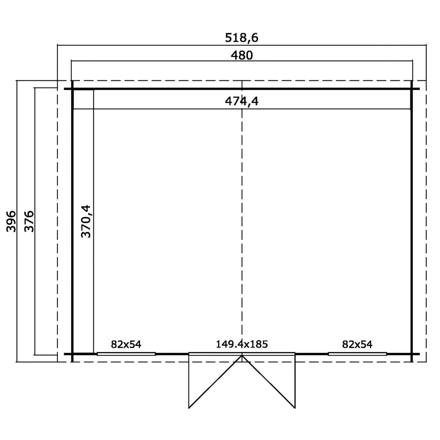 Lasita Holz-Gartenhaus Washington: Technischer Grundriss mit Maßen, Tür- und Fensterpositionen.