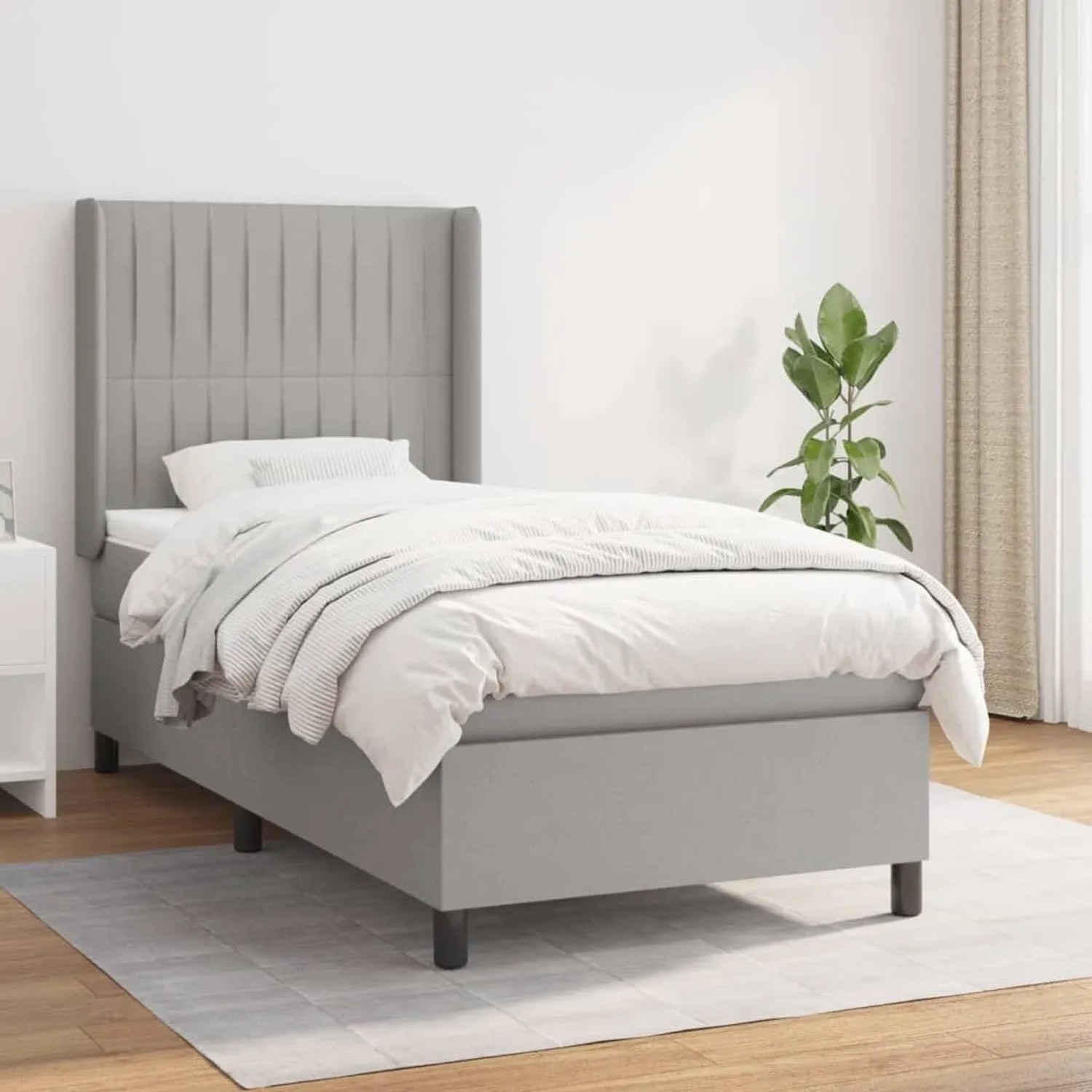 Helles, graues vidaXL Boxspringbett 90x200 cm mit Matratze und hohem Kopfteil.