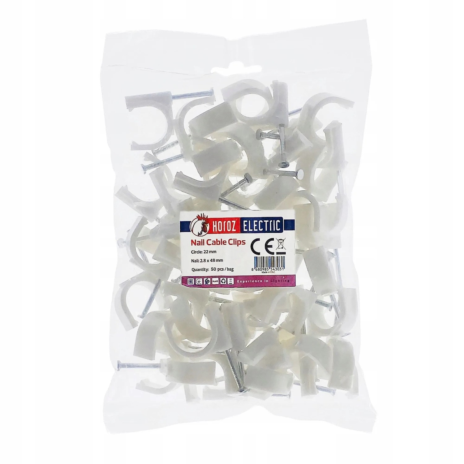 HOROZ Kabelschelle Rund Ø 22 mm Weiß 50 Stück Nagelschelle Kabelhalter für Wandmontage