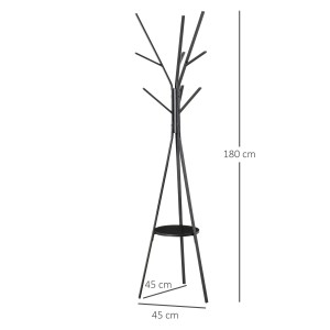 Schwarzer HOMCOM Garderobenständer aus Metall mit 8 Haken und Ablage, 180 cm hoch.