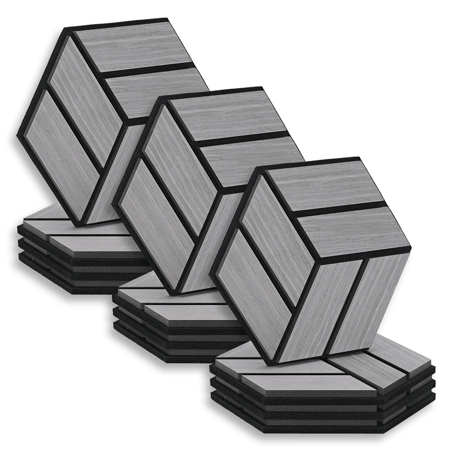 Homestyle4u Akustikpaneele 30 x 26 cm 12 Stück Grau Hexagon Wandpaneele Holz