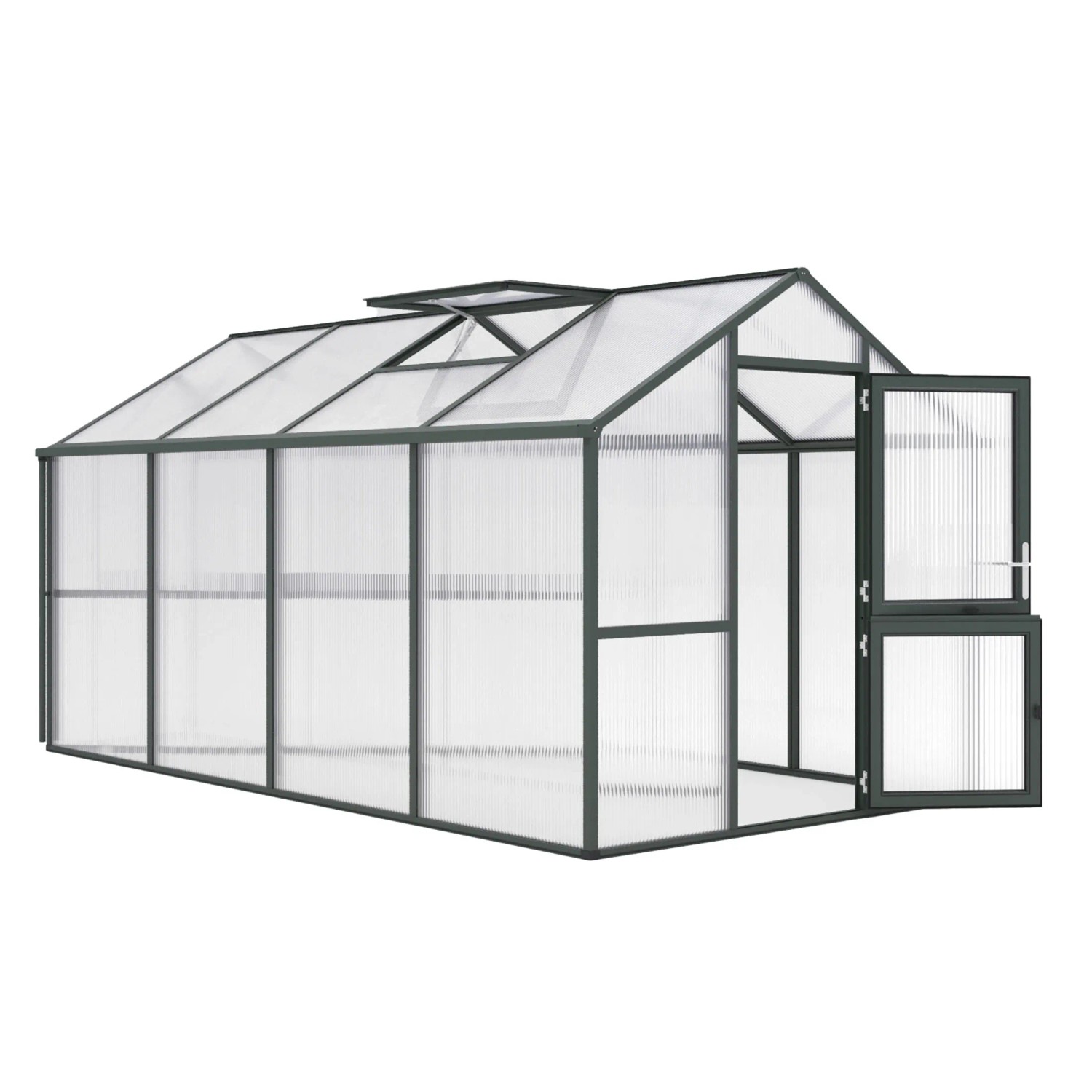 KGT Gewächshaus Tannengrün, 10 m², mit geöffneter Tür und Dachfenster für Pflanzenzucht.