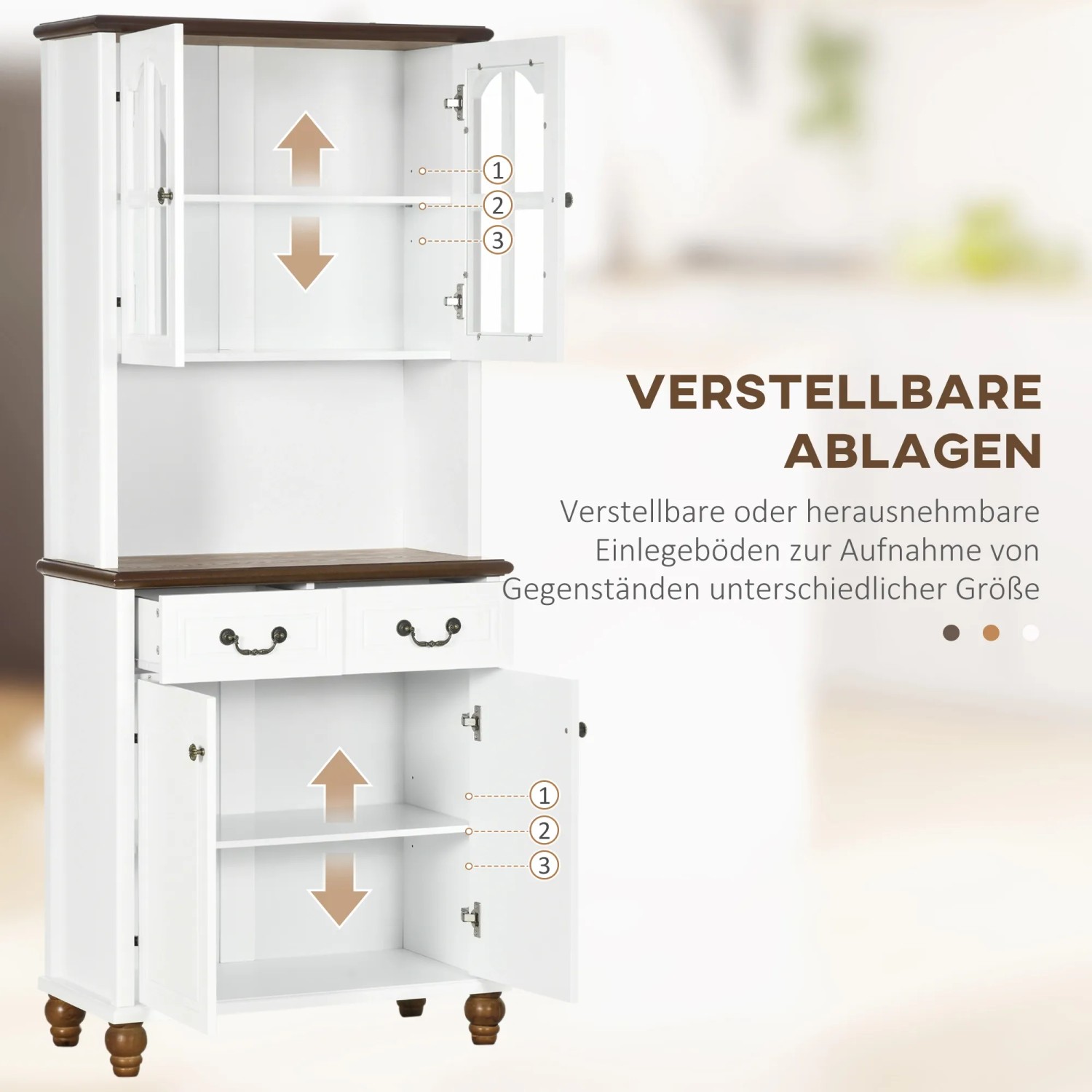 Weißer Küchenschrank mit Glastüren, Schubladen und verstellbaren Einlegeböden.