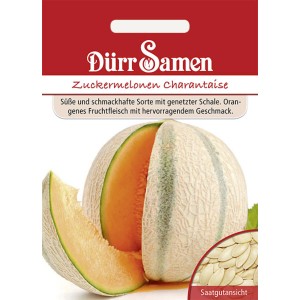 Dürr Samen Zuckermelone Charantaise: Saatgutpackung mit Melone und Samenansicht.