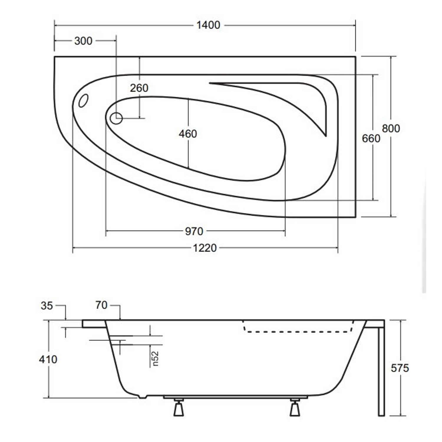 Bad Land Badewanne Eckwanne CORNEA 140x80 Rechts Ablauf Füße_5