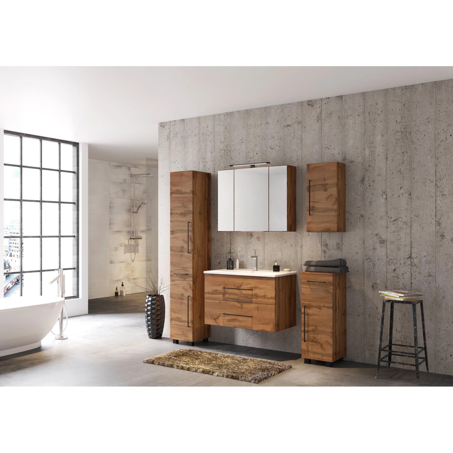 Held Möbel Hochschrank Rom, 30 cm, Wotaneiche, für Badezimmer. Stauraum mit Schublade und Softclose.