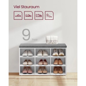 Weiße Vasagle Schuhbank mit grauer Sitzfläche und 9 Schuhfächern. Schuhaufbewahrung für den Flur.