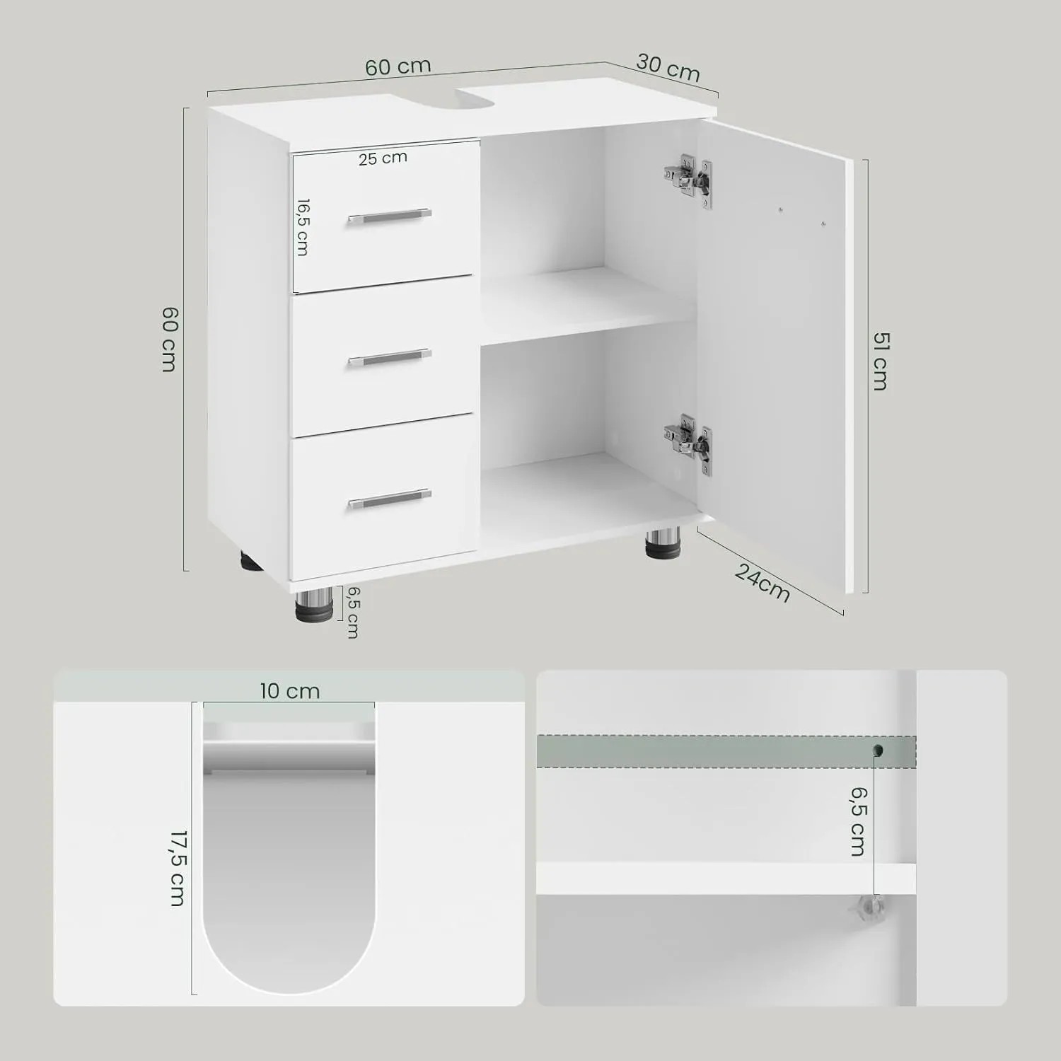 Weißer EUGAD Waschbeckenunterschrank mit 3 Schubladen und offenem Schrankfach, Maße 60x60x30 cm.