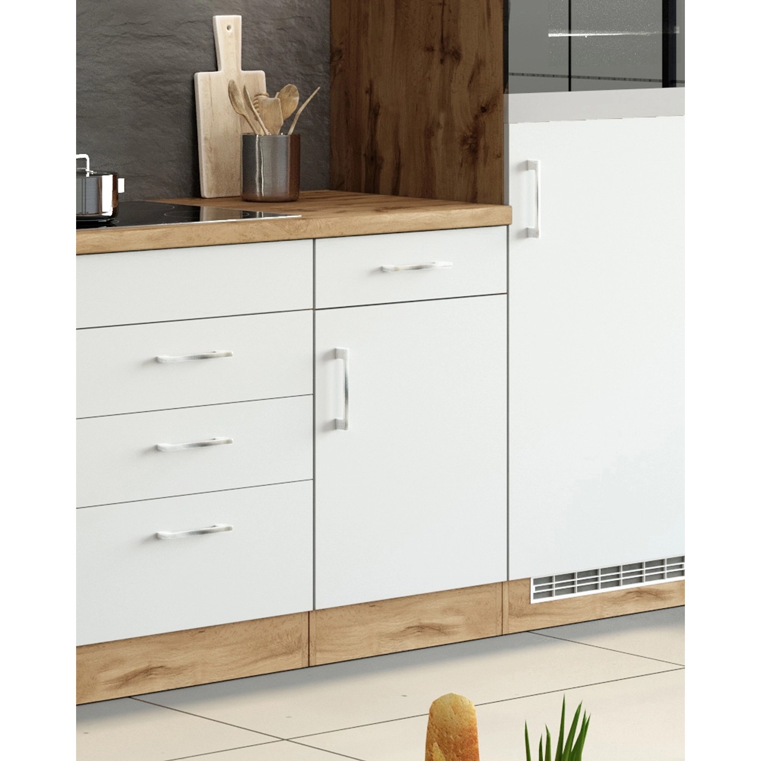 Held Möbel Unterschrank Sorrento, 50x85x60 cm, Weiß/Wotan Eiche Dekor, mit Tür und Schublade.