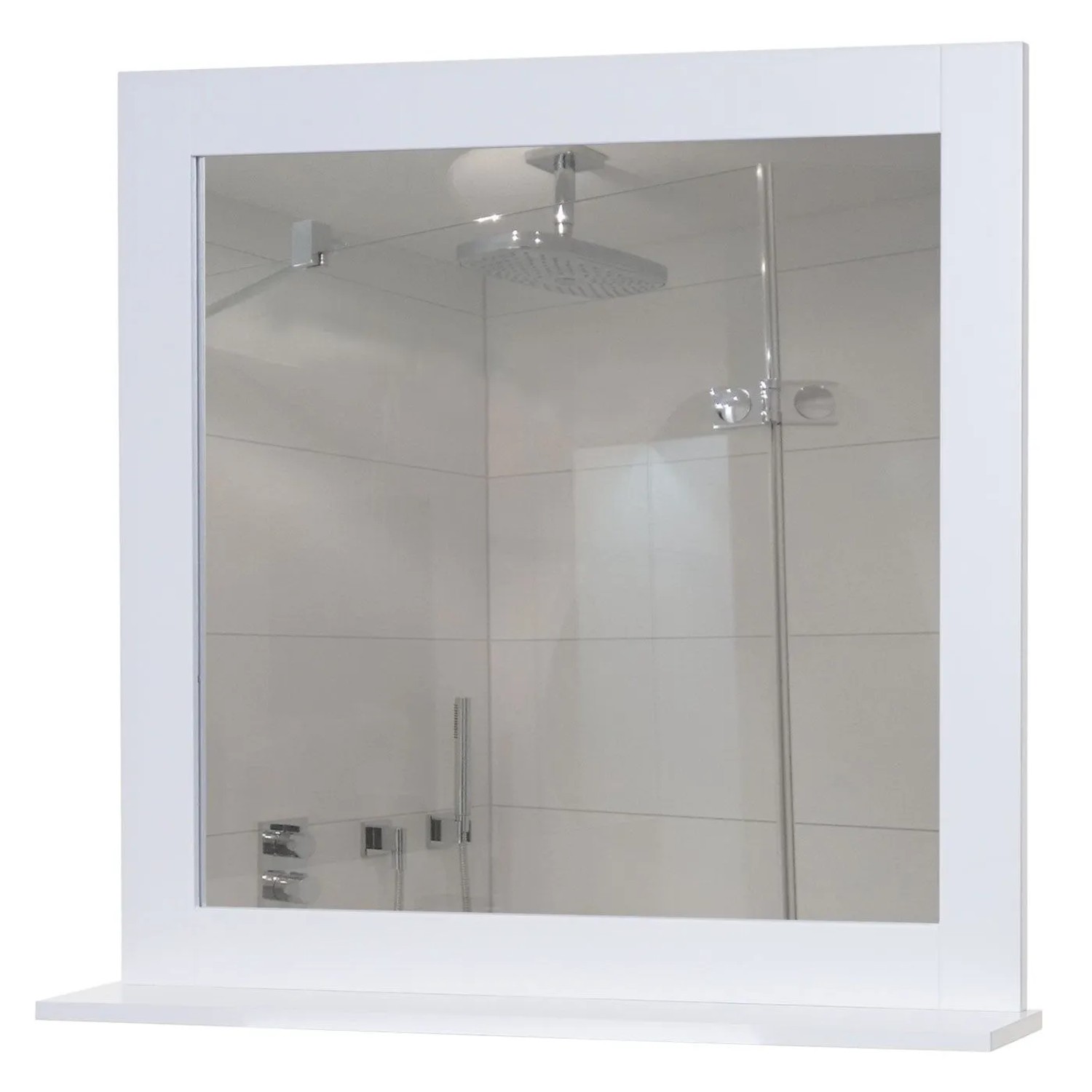 Weißer MCW Wandspiegel F75 mit Ablagefläche. Quadratischer Badspiegel aus MDF mit Acrylglas, modern und zeitlos.