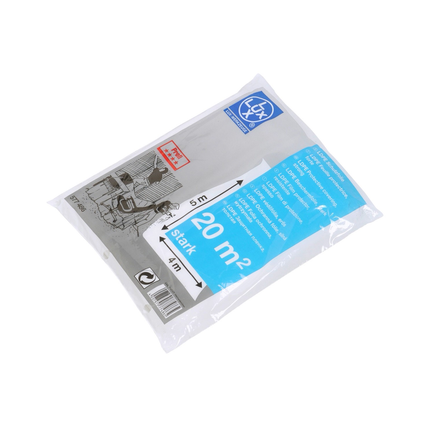 Verpackte LUX Abdeckplane 4x5m, Bauplane zum Schutz vor Farbe, Schmutz und Nässe.