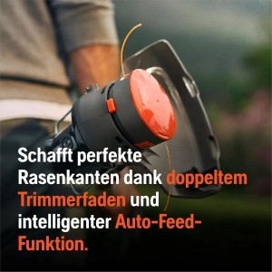 Husqvarna Akku-Rasentrimmer Aspire T28-P4A: Kompakter Trimmer mit orangefarbenen Details und Trimmerfaden.