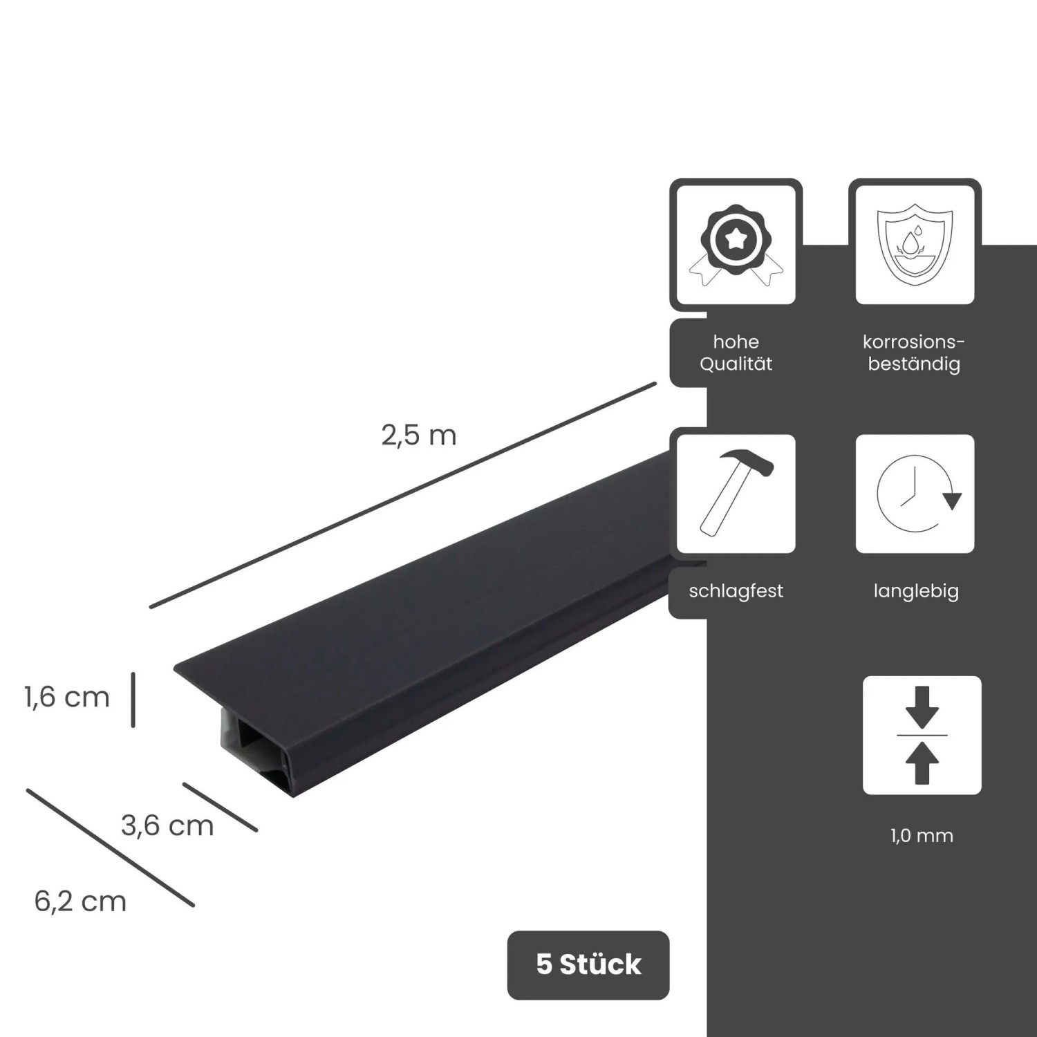 Anthrazitfarbenes Protektor Noppenbahnprofil Universal, 5 Stück, 2,5 m lang, für Außenputz und Entwässerung.