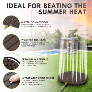 Braune CCLIFE Gartendusche als Bodendusche mit Wasserfontäne im Garten.