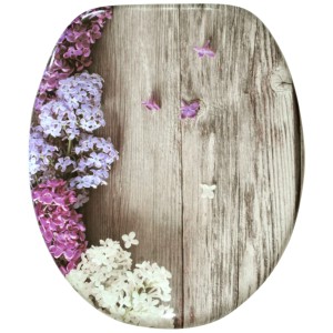 Sanilo WC-Sitz Flieder mit Absenkautomatik, Holz, Blumenmuster und Holzoptik.