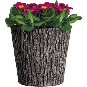 Brauner PROREGAL Blumentopf in Holzoptik mit lila Blumen, rustikaler Holzbaumstamm Blumenkübel.