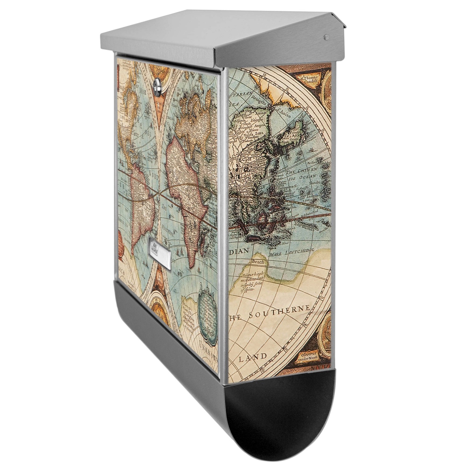 Banjado Edelstahl Briefkasten mit Zeitungsfach, Motiv historische Weltkarte.