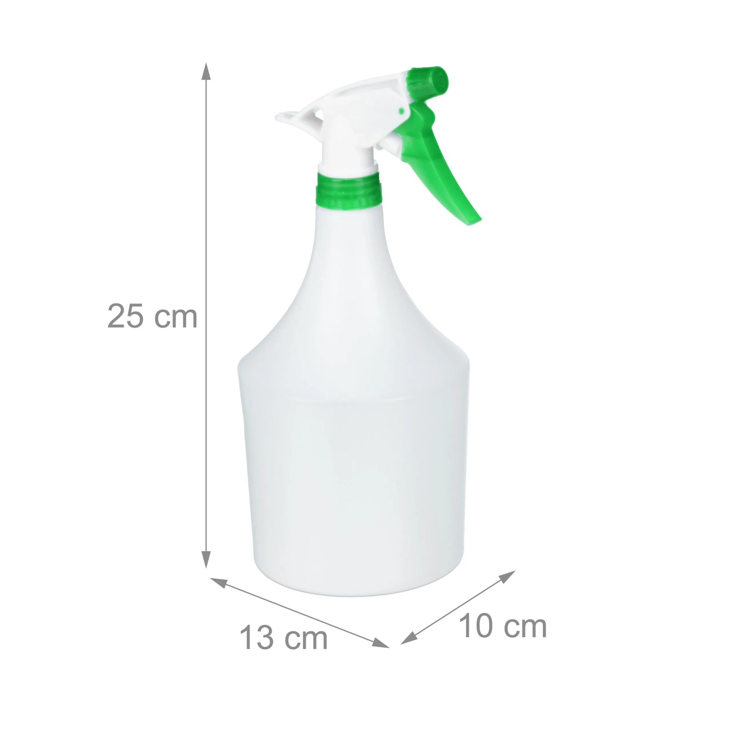 Weiße Kunststoff Sprühflasche mit grünem Sprühkopf, 25x13x10 cm. Teil eines 3er Sets, einstellbar.