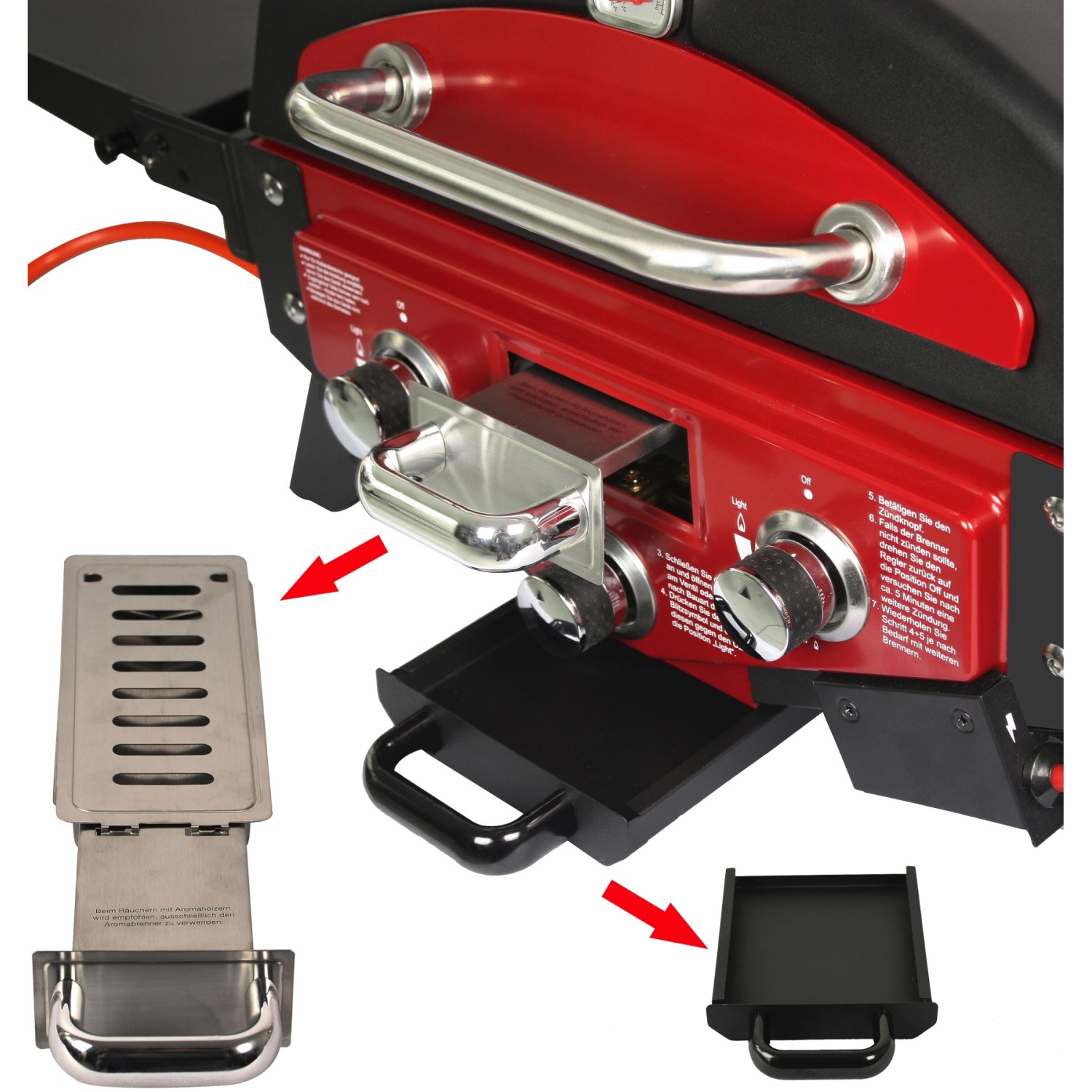 El Fuego Tischgasgrill Medison, rot, mit Aromabox und Brennerdetails.