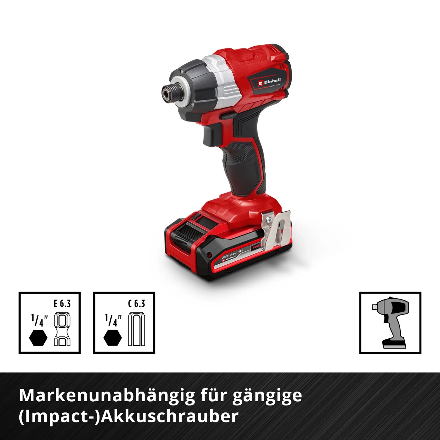 Einhell Akku-Schlagschrauber, rot/schwarz, für Bits und Steckschlüssel.
