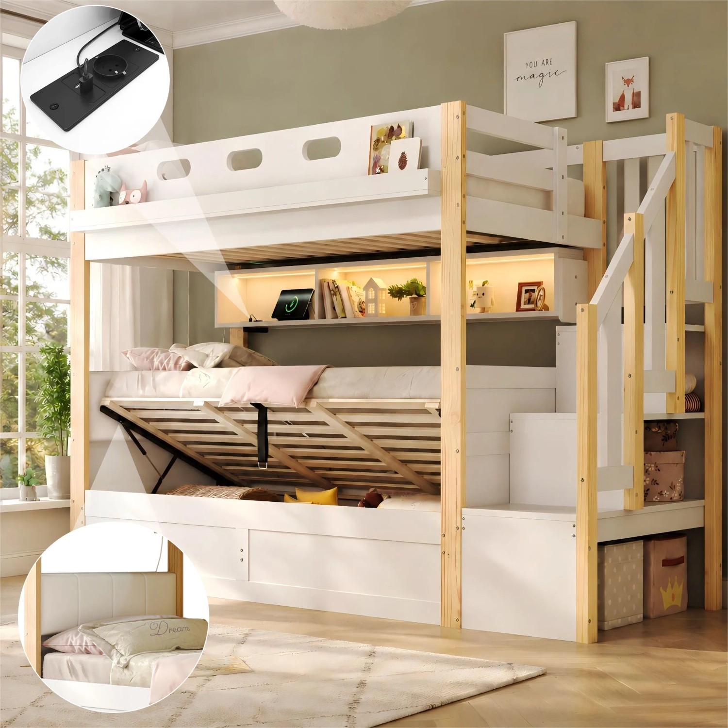 Merax Etagenbett 90 x 200 90 x 200 cm mit LED USB Treppe PU Kopfteil Weiß Natur