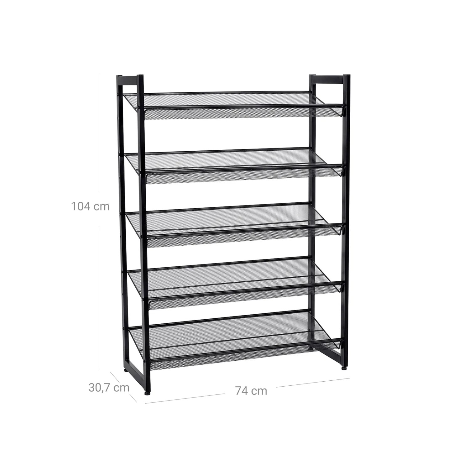 Schwarzes Songmics Schuhregal mit 5 Ebenen aus Metall, 74x104x30,7 cm.