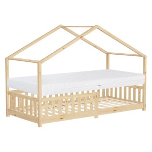 ML-Design Hausbett mit Matratze, 90x200 cm, Kiefernholz natur. Kinderbett im Haus-Design.