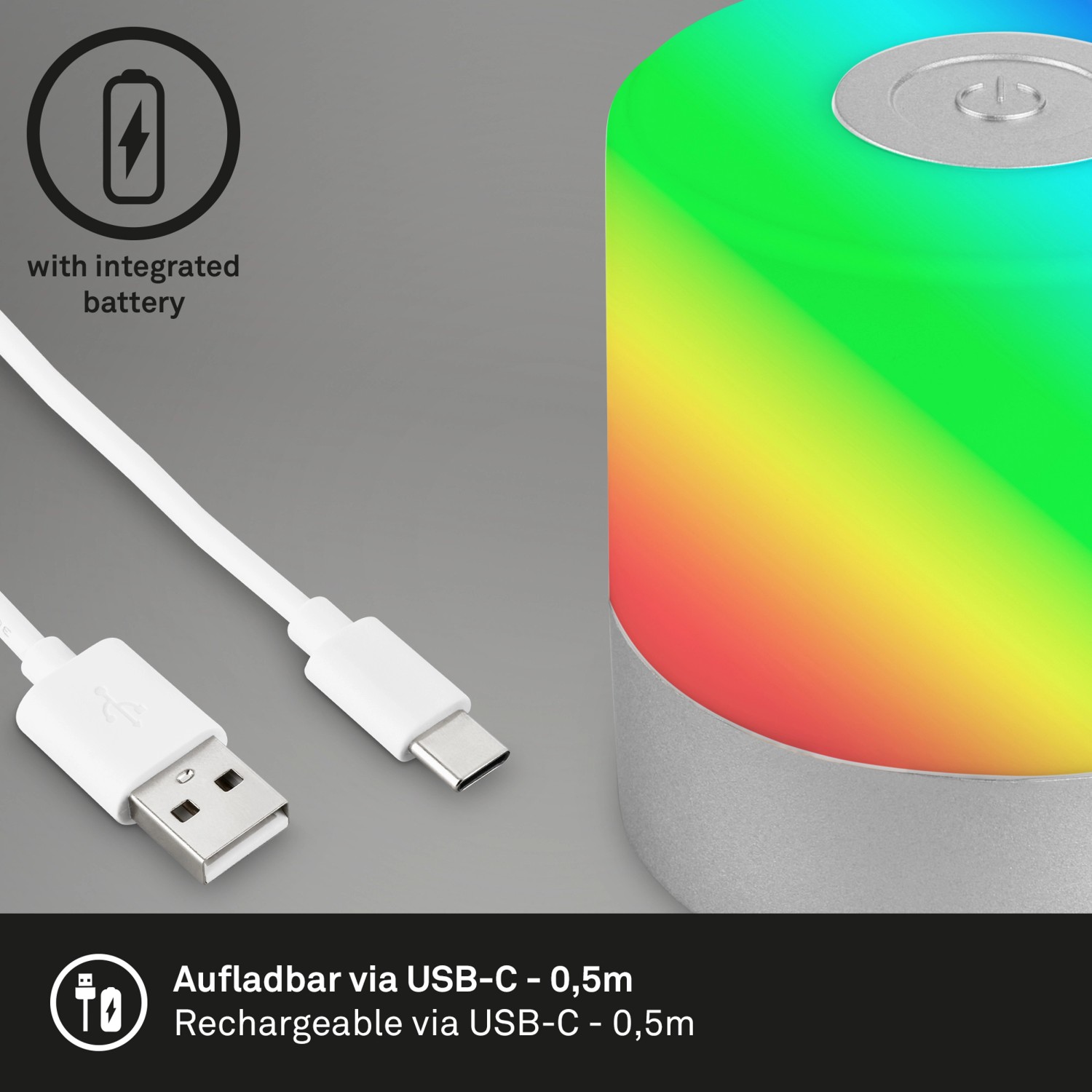 Brilo Akku-Tischleuchte Smal Chrom-Matt mit RGB und USB-Kabel.