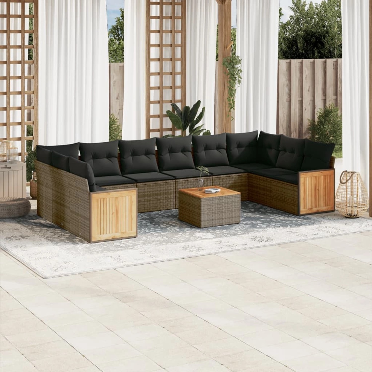 Graue 11-tlg. vidaXL Garten-Sofagarnitur aus Polyrattan mit Kissen und Tisch.