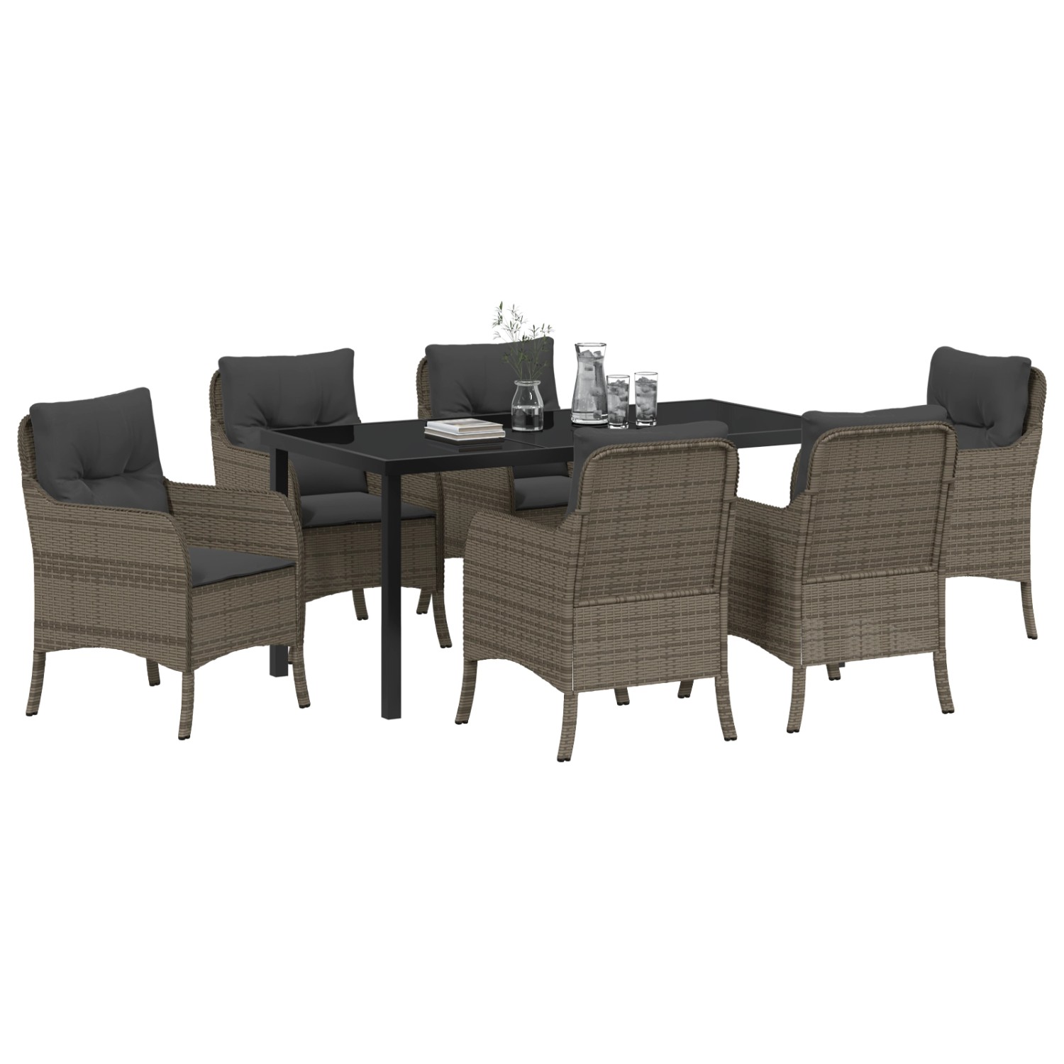 7-teilige Garten Essgruppe vidaXL aus grauem Poly Rattan mit Tisch und Stühlen inklusive Kissen.