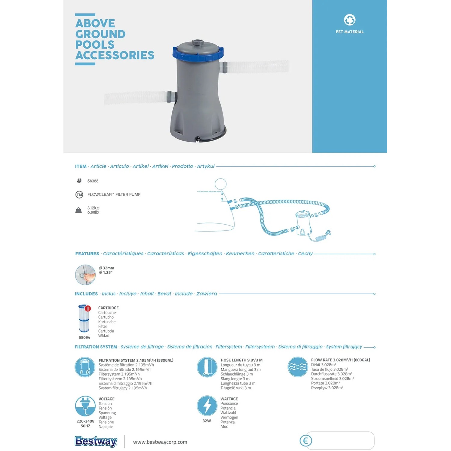 Bestway 800 gal Pool Filterpumpe für sauberes Poolwasser. Kartuschenfilter mit einfacher Installation.