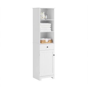 Weißer SoBuy Bad Hochschrank (BZR17-W) mit offenen Fächern, Schublade und Tür. Ideal für Badmöbel-Sets.