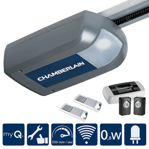 Chamberlain Garagentorantrieb ML1040EV-Smart mit Zubehör wie Fernbedienungen und Lichtschranke.