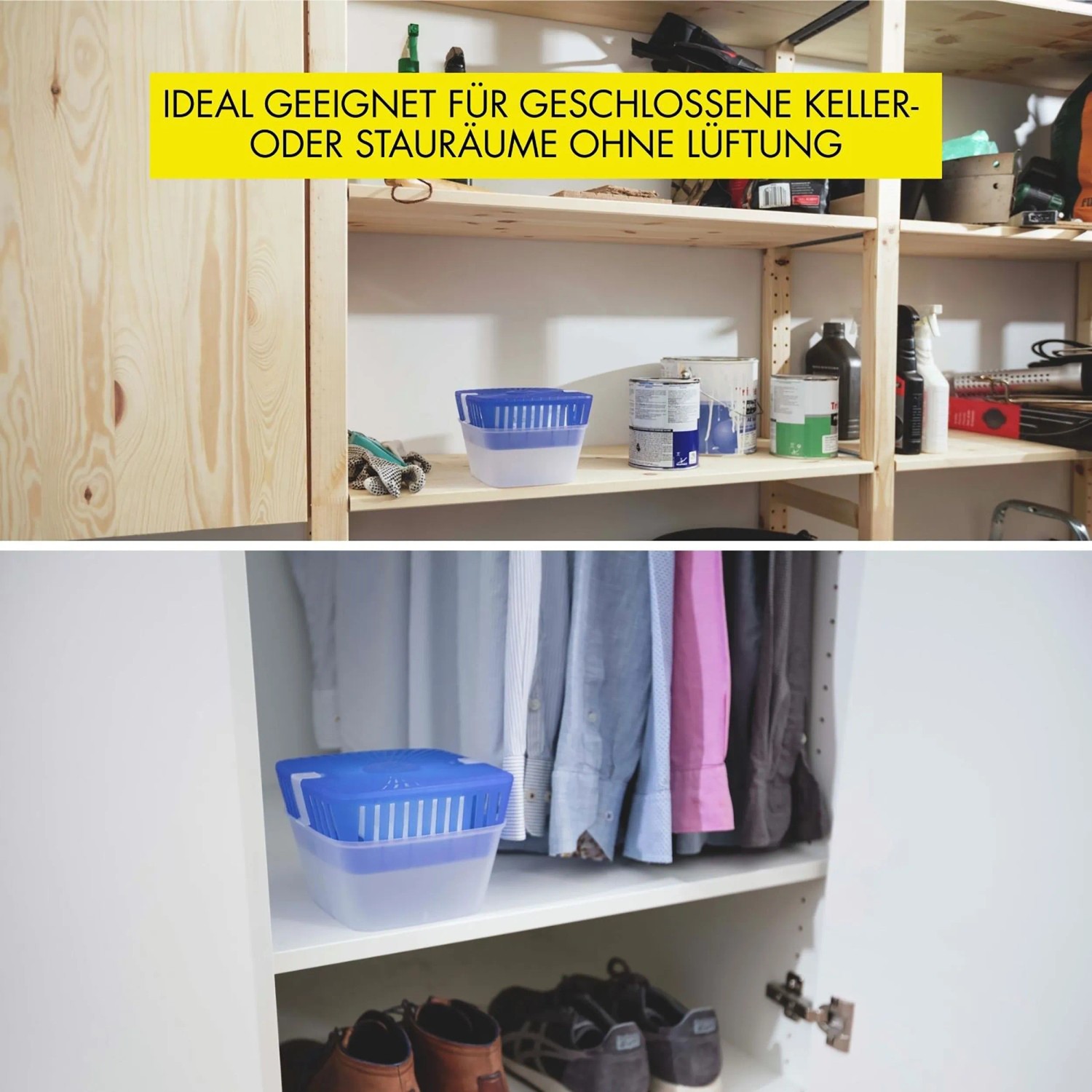 UHU Luftentfeuchter Original 1.000g im Regal und Schrank, zur Feuchtigkeitsregulierung.