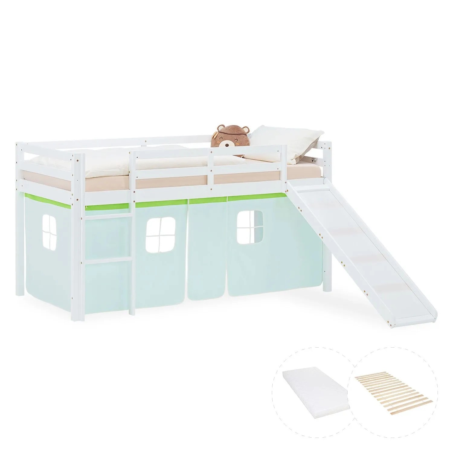 Homestyle4u Kinder Hochbett 90x200 Rutsche Matratze Vorhang Grün Kinderbett 2980