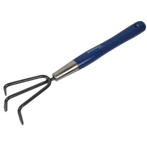Sonneck Jätekralle Eco Line, Gartenhandgerät mit blauem Holzgriff und drei Zinken.