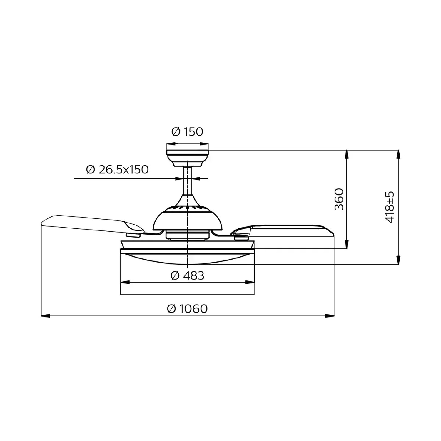 Technische Zeichnung der schwarzen Philips LED DC-Deckenleuchte Bliss mit Ventilator, Maße und Durchmesser.
