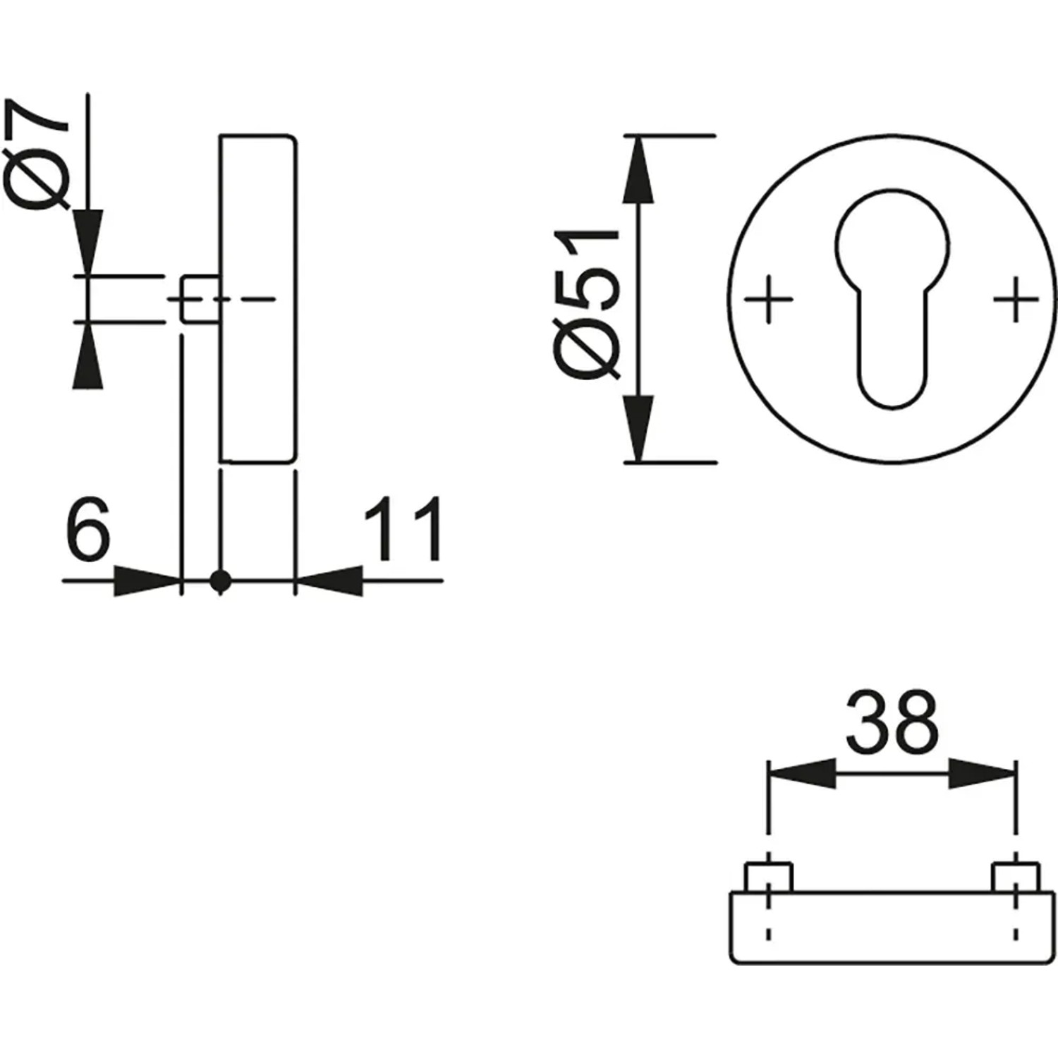 Technische Zeichnung AnsaPro Hudson Profilzylinder-Rosette aus Edelstahl mit Maßangaben.