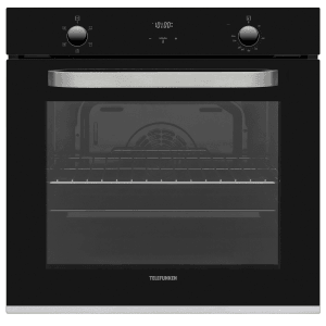Schwarzer Telefunken Einbaubackofen mit 73 Liter Garraum und digitaler Anzeige.