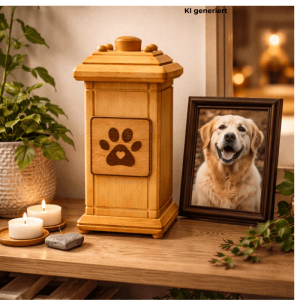 Hundeurne aus Buchenholz mit Pfotenabdruck, Tierurne für Asche, Andenken an Haustier.